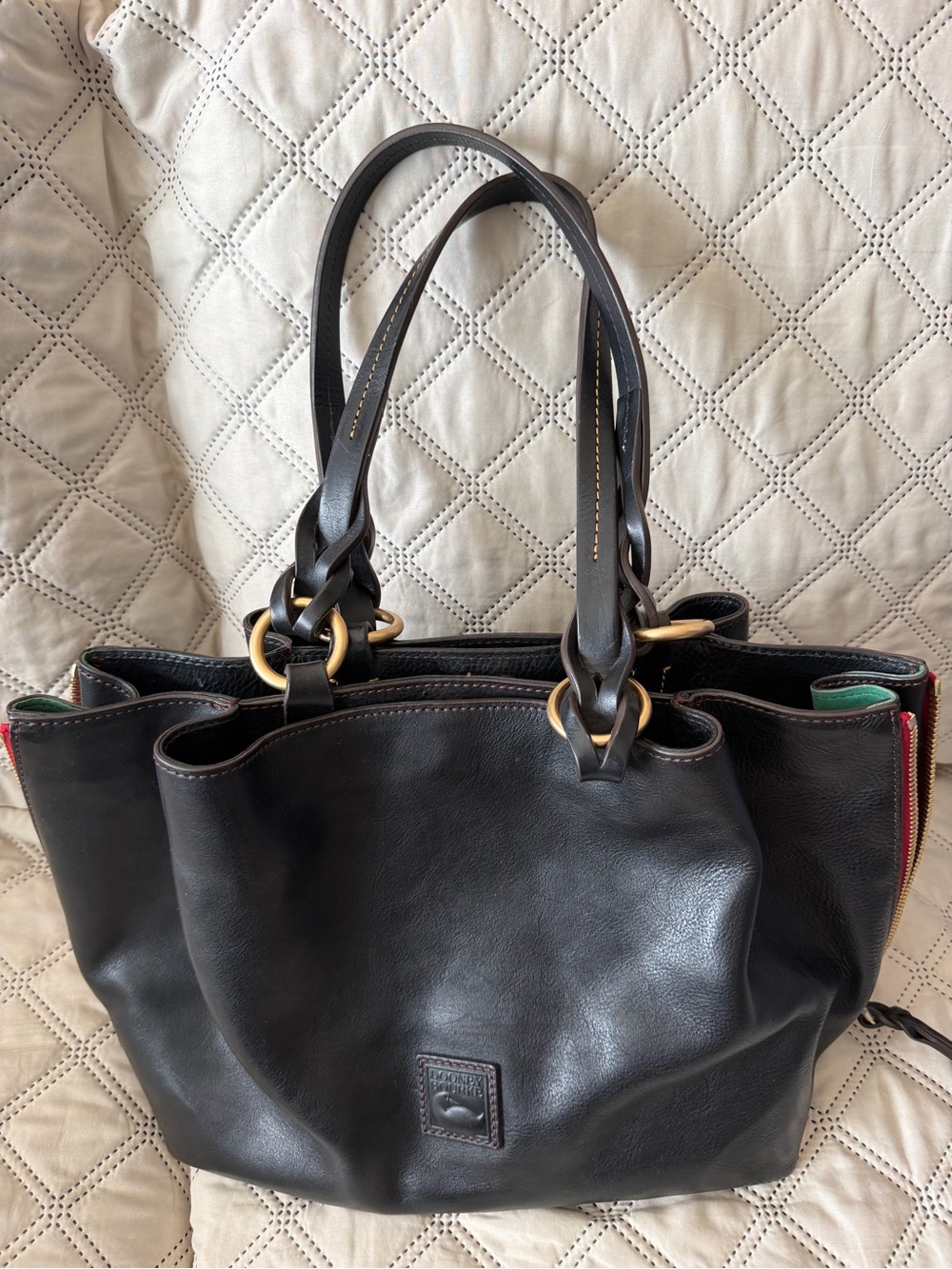 Dooney & Bourke Black Leather Shoulder Tote with Gold Rings